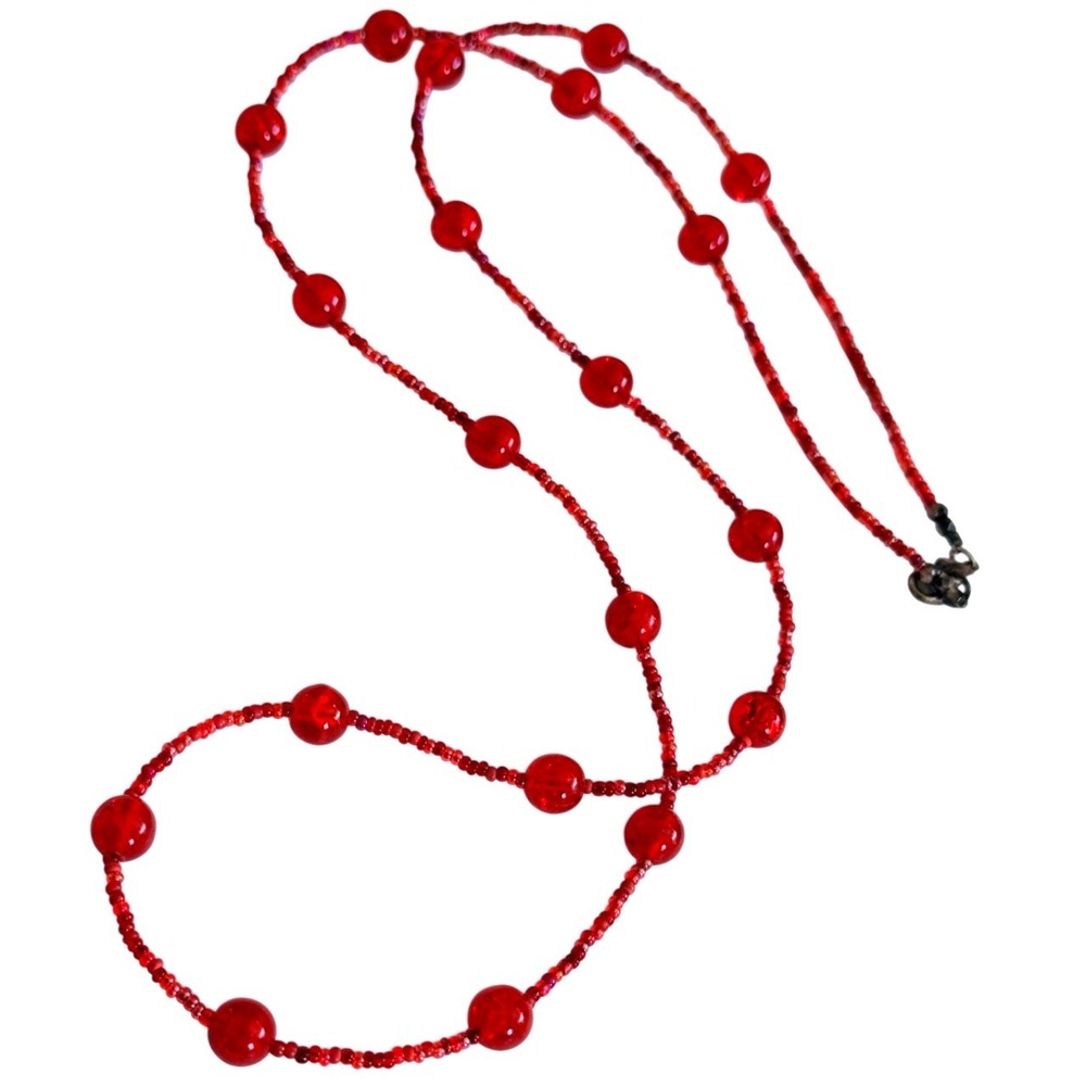 Bright Red Glass Necklace VTG Round Beaded retro Strand Collarβ Estate 30"